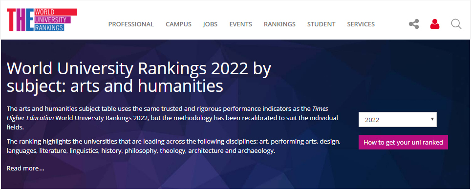 2022 THE世界大学“艺术与人文”学科排名 斯坦福、麻省分列前2位